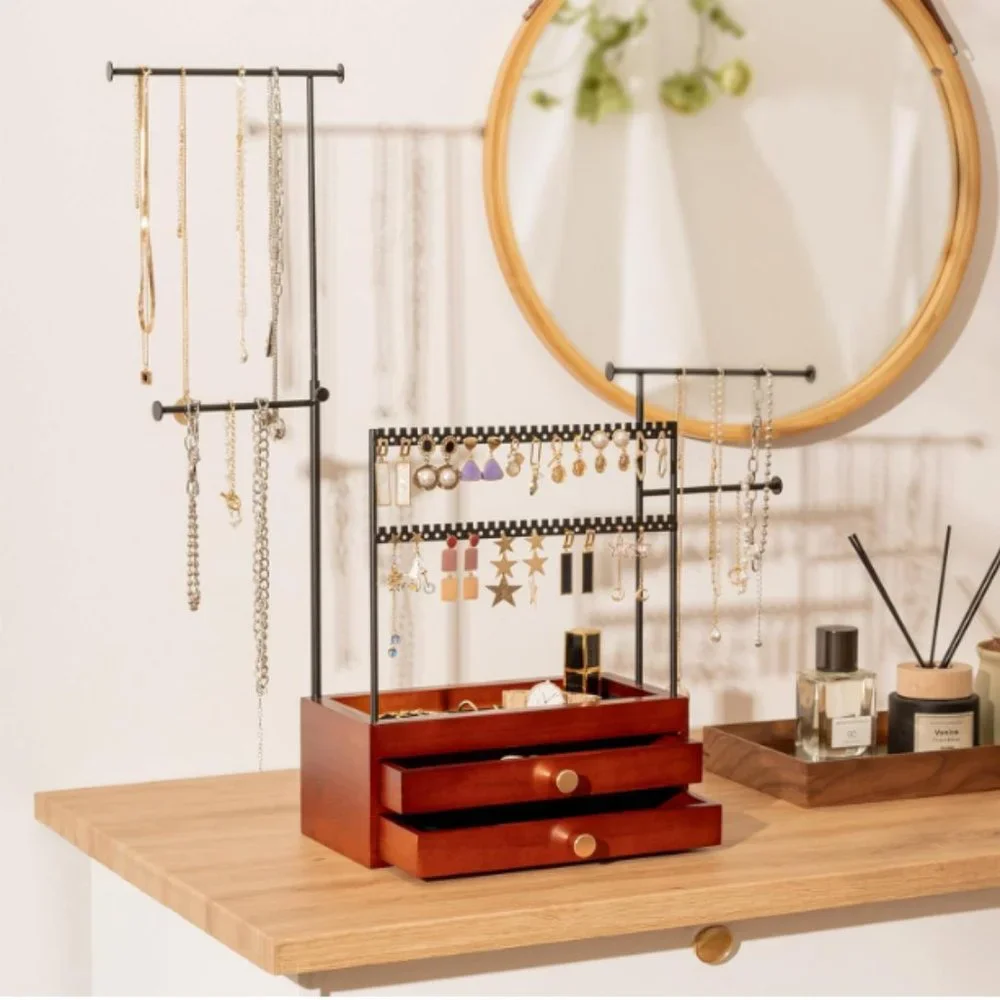 5-Tier Jewelry Stand - Earring Holders - Necklace Towers + 2 Wooden Drawers